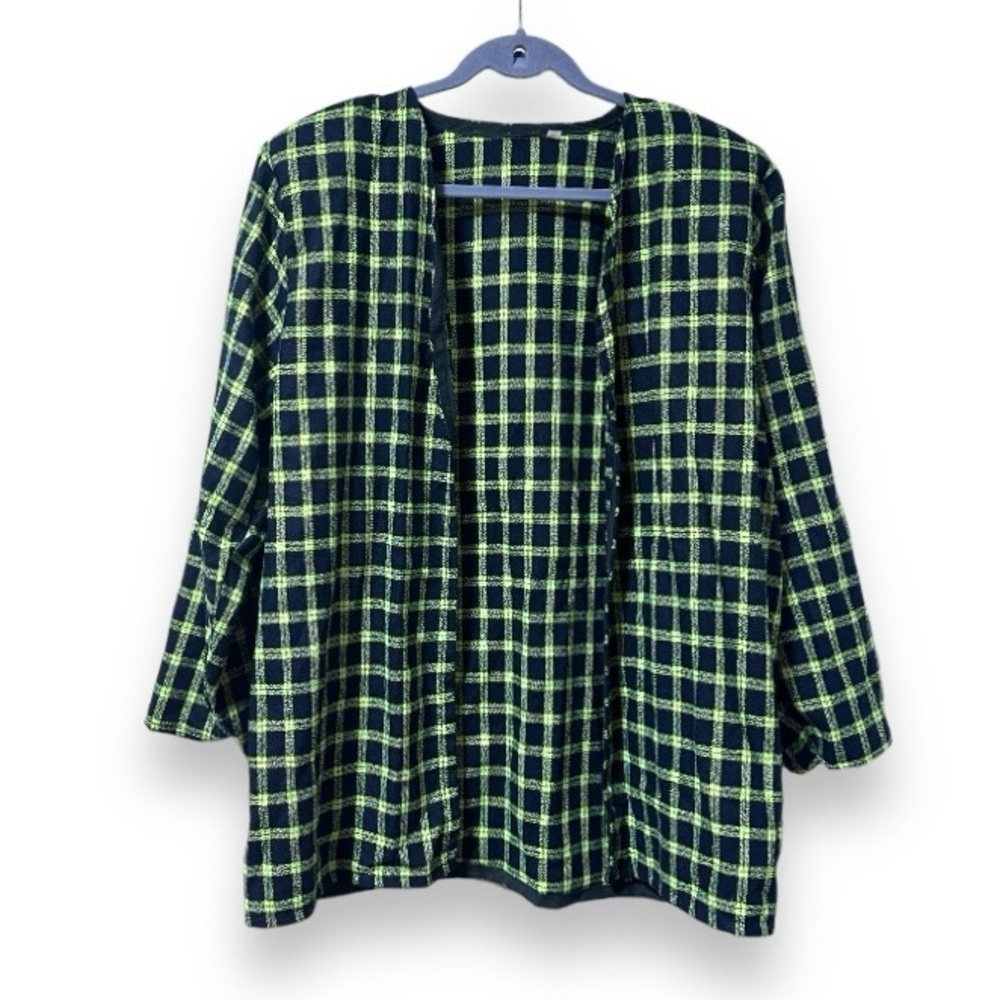 Vintage Plaid Open Front Collarless‎ Blazer Black Blue Neon Green Check Size XL